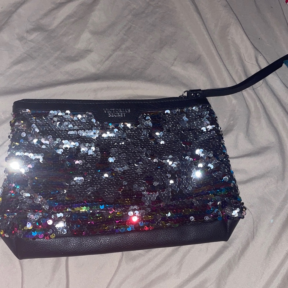 Victoria's Secret Black Sequin Wristlet with Iridescent Sparkle
